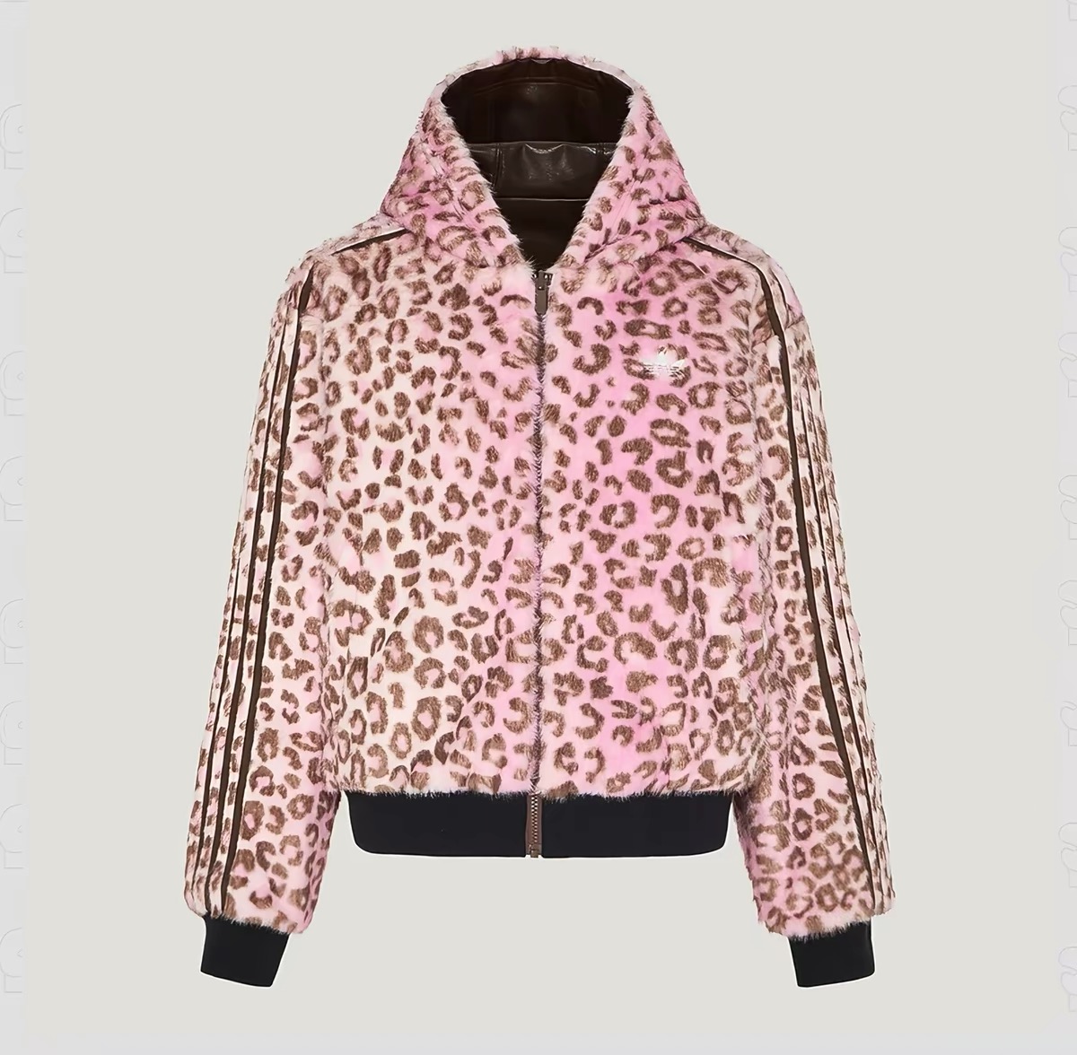 Pink leopard-print side of the reversible jacket